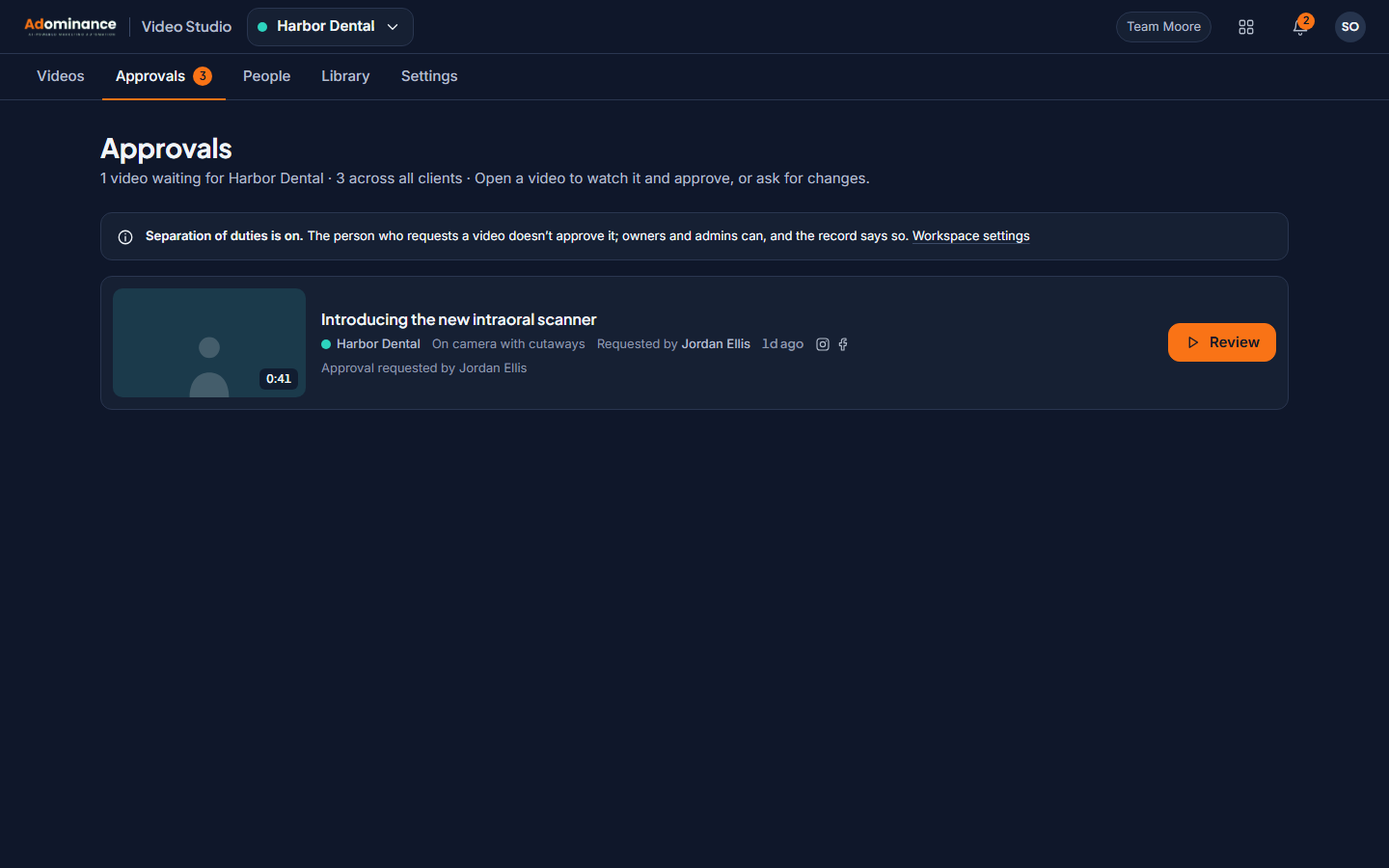 The approvals queue, where each video waits for a person to sign off
